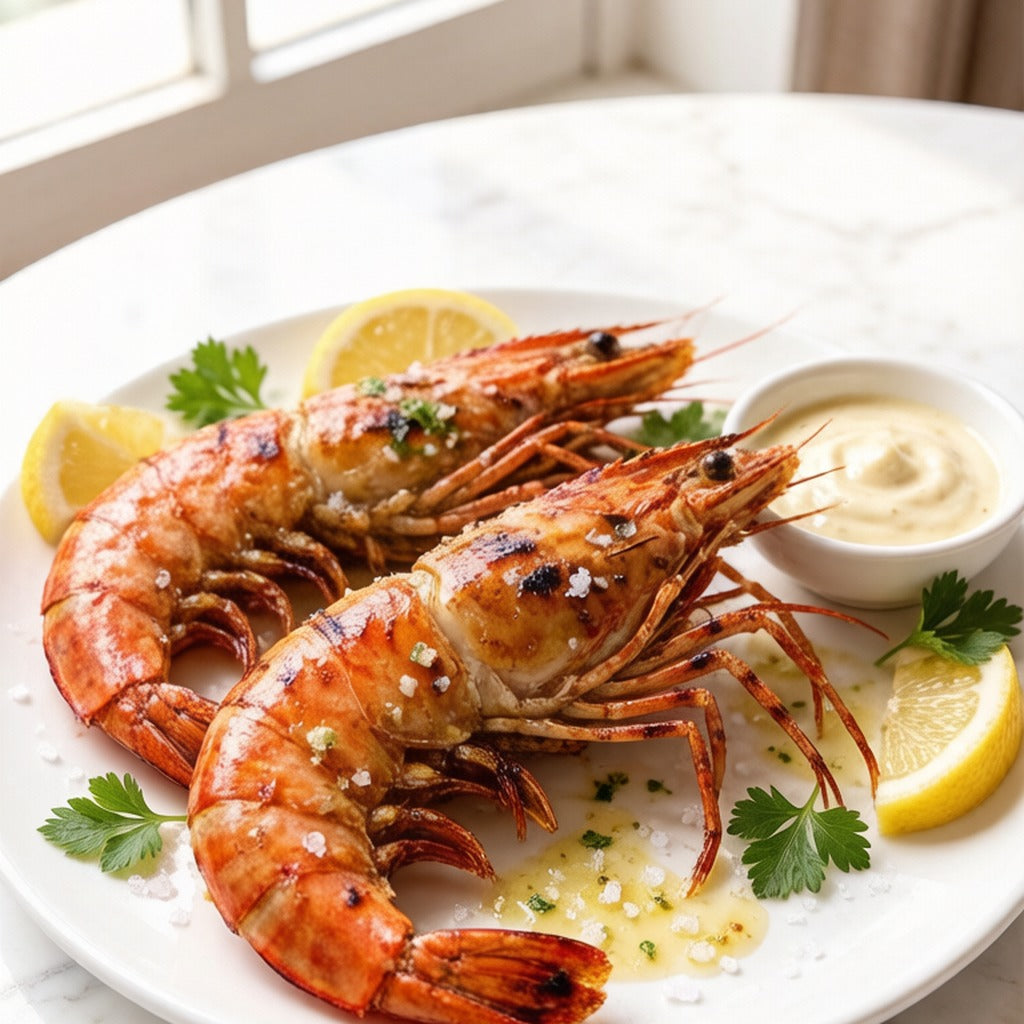 Raw tiger prawns with lemon