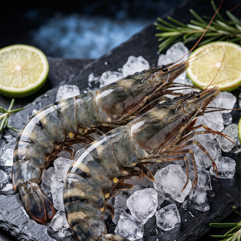 Raw tiger prawns on crushed ice