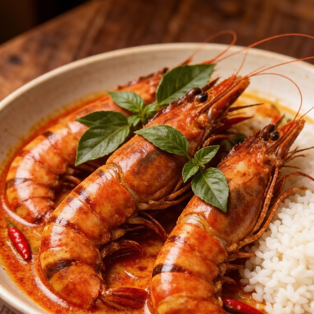 Tiger prawns in Thai curry