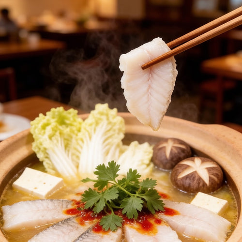 Sliced sea bass in hot pot broth