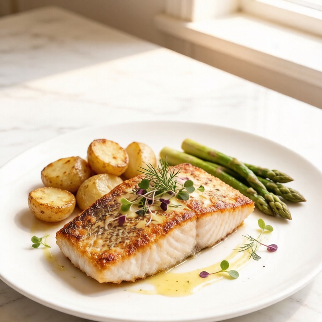 Pan-seared sea bass fillet with vegetables