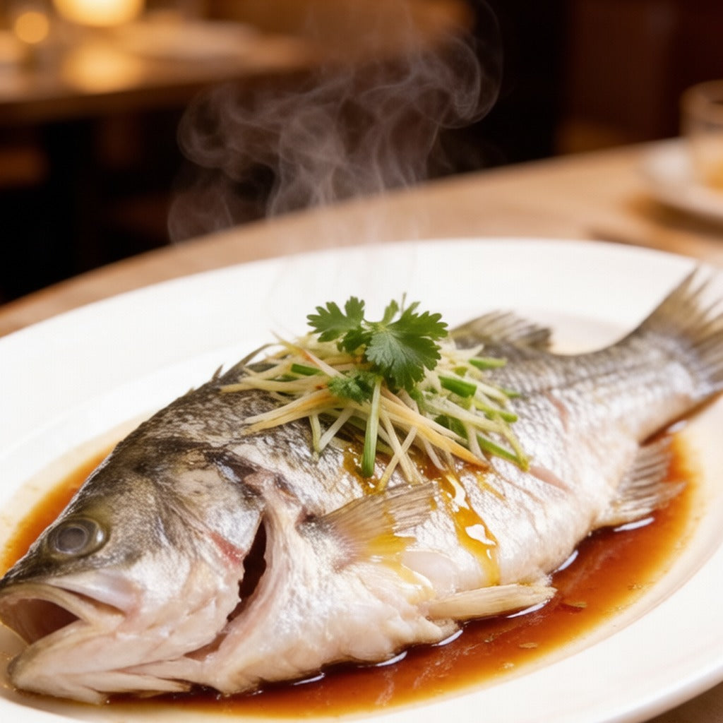 Whole steamed sea bass with ginger