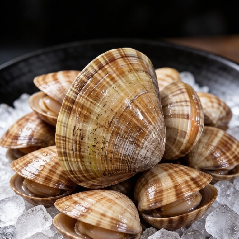 Clams piled on crushed ice