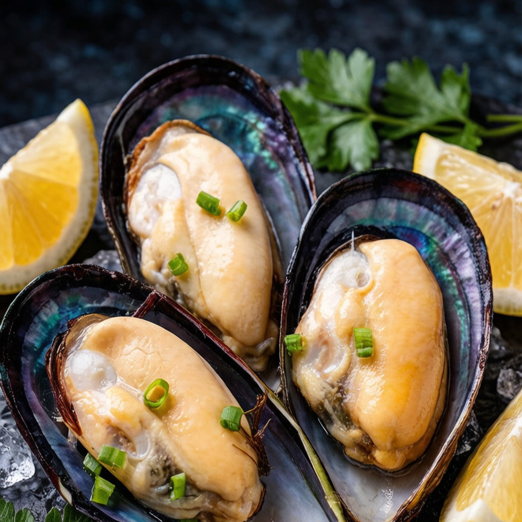 Open mussels on the half shell