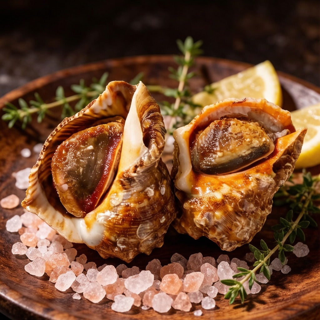 Salt-roasted sea conch on rock salt