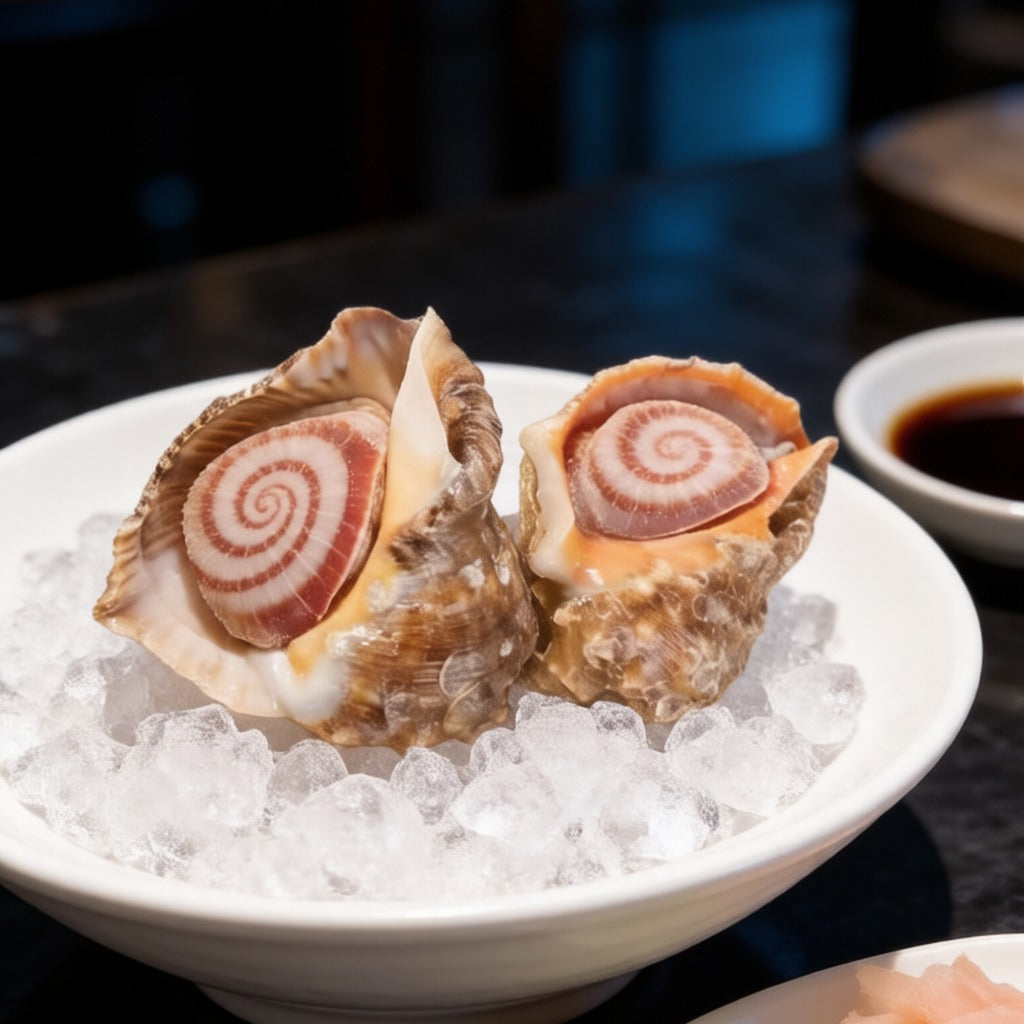Sliced sea conch sashimi in shell