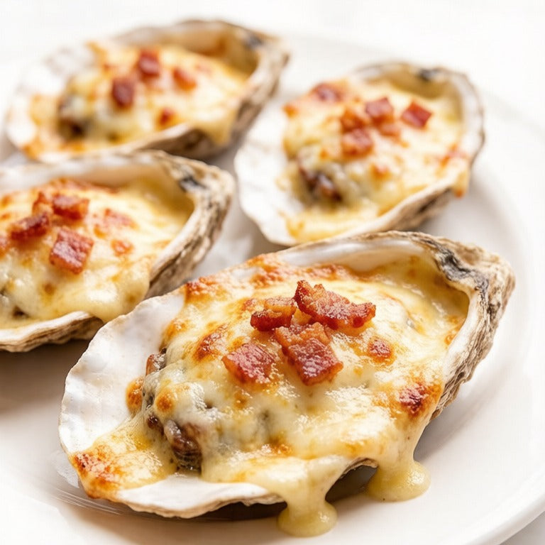 Baked oysters with cheese and bacon