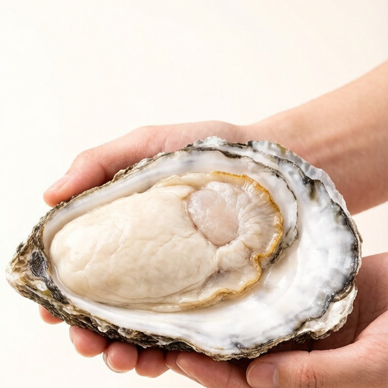 Hand holding a large raw oyster